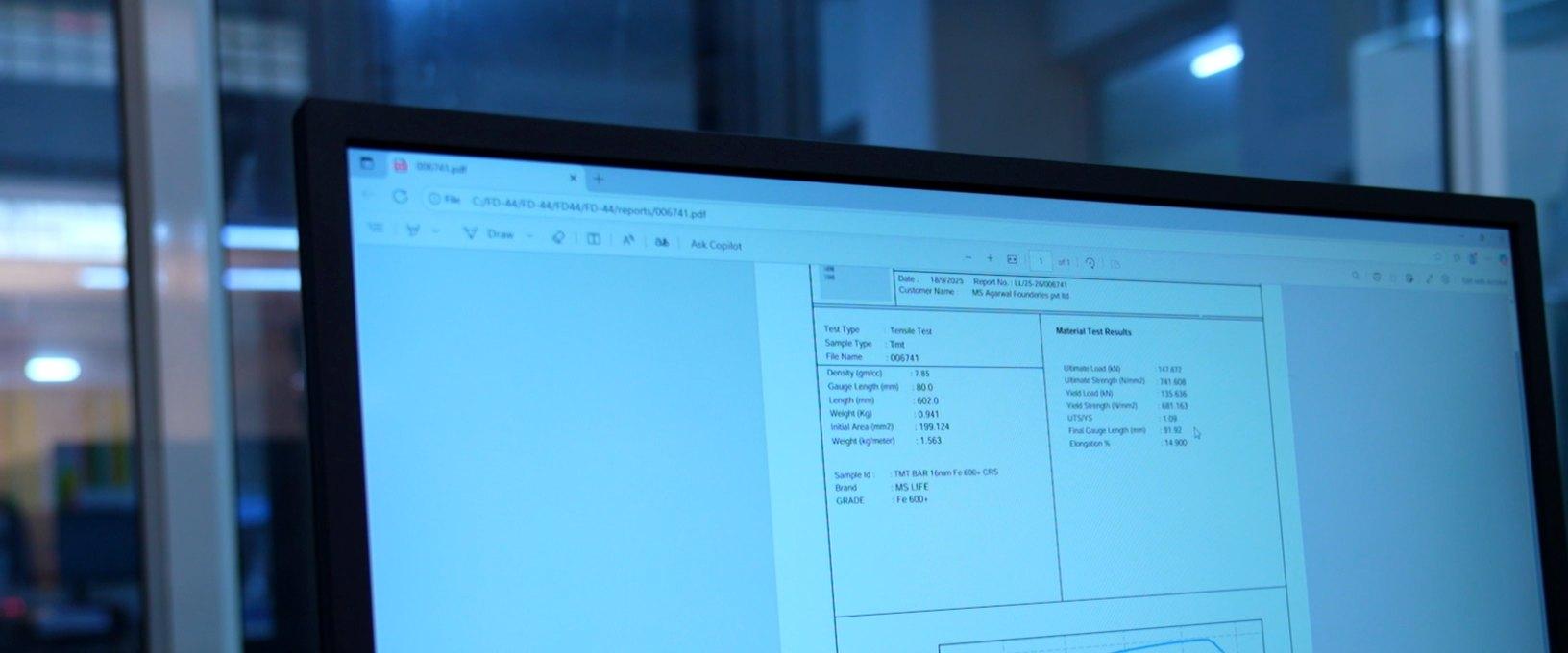 Tensile strength curve on the testing machine's screen