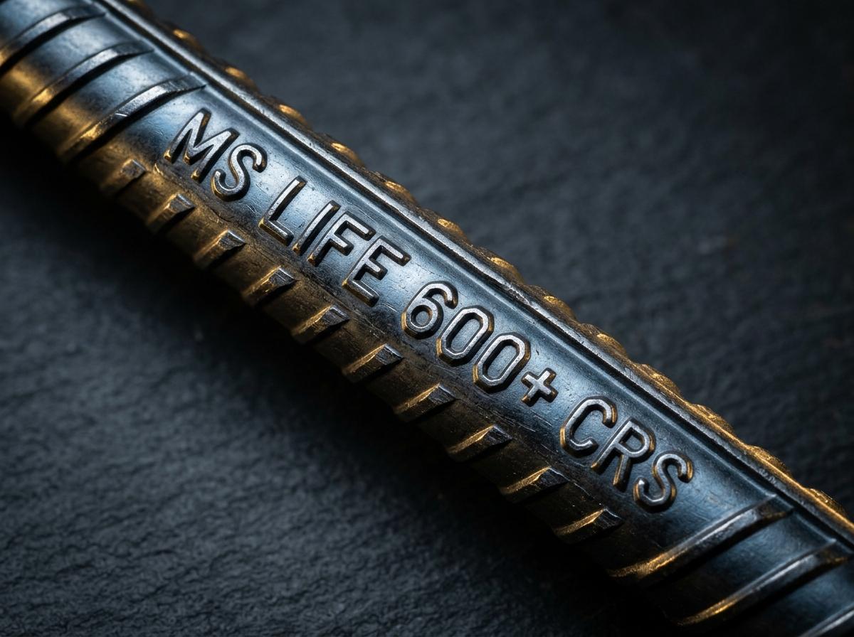 MS Life 600+ CRS TMT bars with the brand and ISI mark rolled on every bar